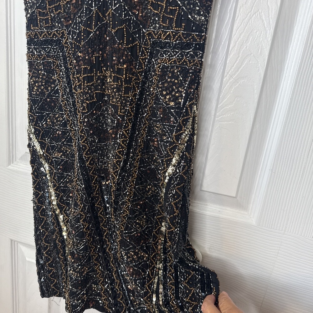 Hale Bob Beaded Sequin Dress Black Geometric Art Deco V-Neck Cocktail Medium M - Picture 7 of 15